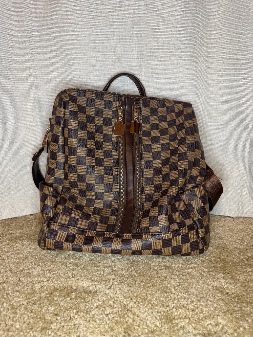 Brown Checkered Backpack with Dual Zippers